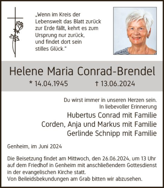 Traueranzeige von Helene Maria Conrad-Brendel von Allgemeine Zeitung Bingen/Ingelheim