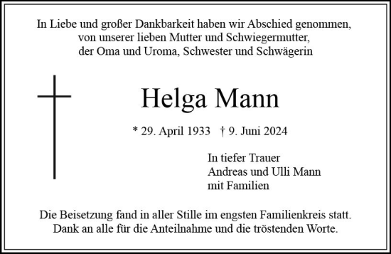 Traueranzeige von Helga Mann von Wiesbadener Kurier