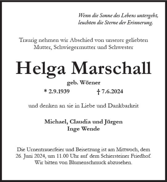Traueranzeige von Helga Marschall von Wiesbadener Kurier