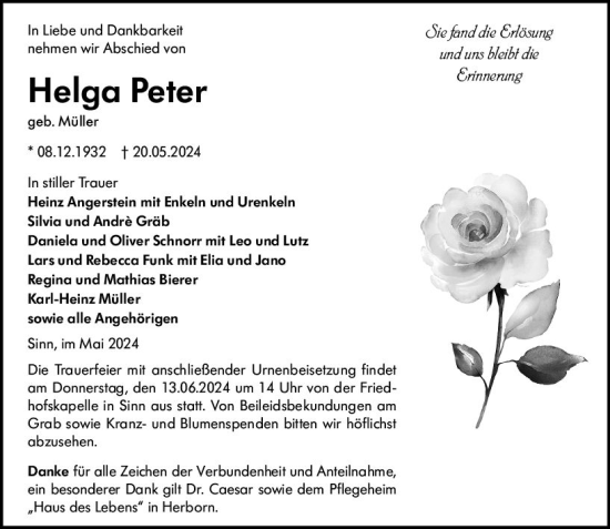 Traueranzeige von Helga Peter von Dill Block