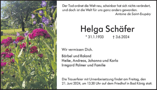 Traueranzeige von Helga Schäfer von Odenwälder Echo