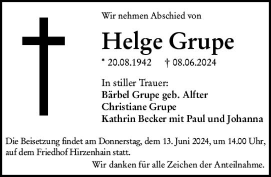 Traueranzeige von Helge Grupe von Dill Block