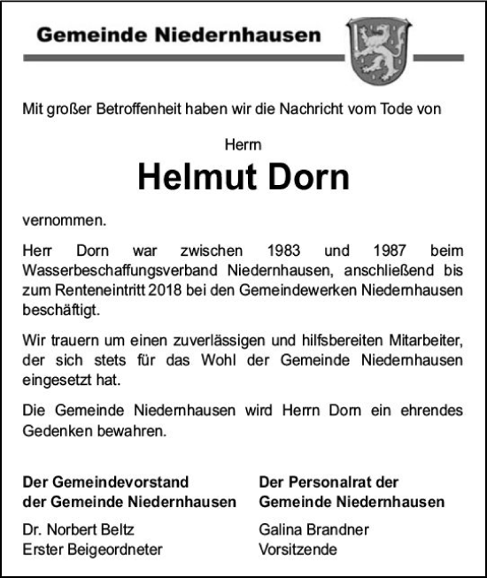 Traueranzeige von Helmut Dorn von Idsteiner Land/Untertaunus