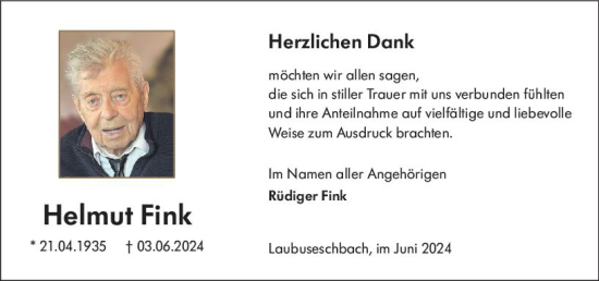 Traueranzeige von Helmut Fink von Weilburger Tageblatt
