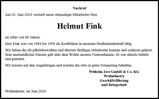 Traueranzeige von Helmut Fink von Weilburger Tageblatt