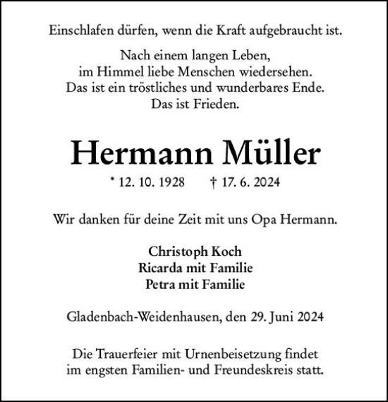 Traueranzeige von Hermann Müller von Hinterländer Anzeiger