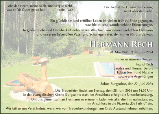 Traueranzeige von Hermann Rech von Wetzlarer Neue Zeitung