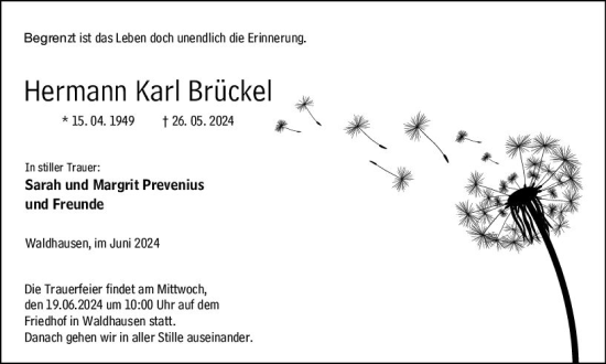 Traueranzeige von Hermann Karl  Brückel von Weilburger Tageblatt