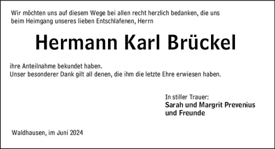 Traueranzeige von Hermann Karl  Brückel von Weilburger Tageblatt