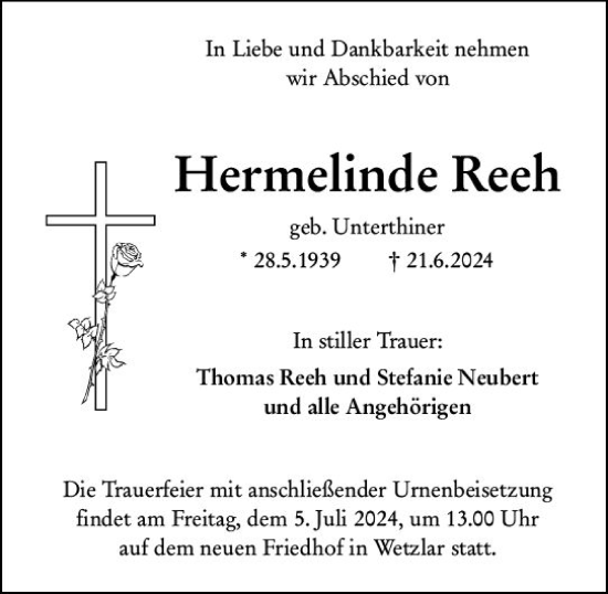 Traueranzeige von Hermelinde Reeh von Wetzlarer Neue Zeitung