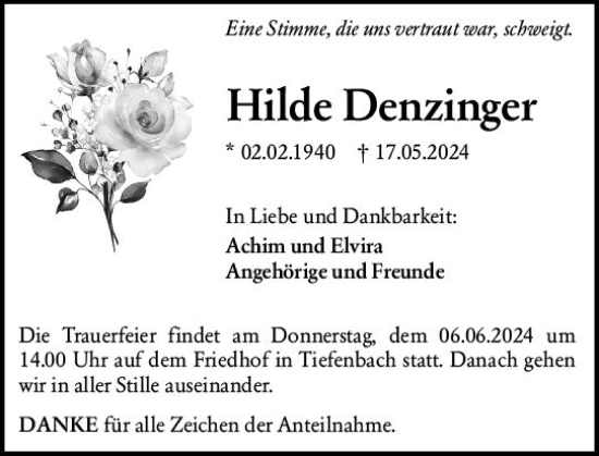 Traueranzeige von Hilde Denzinger von Wetzlarer Neue Zeitung