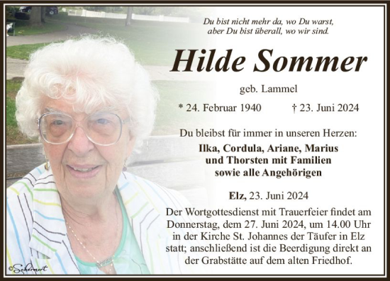 Traueranzeige von Hilde Sommer von Nassauische Neue Presse