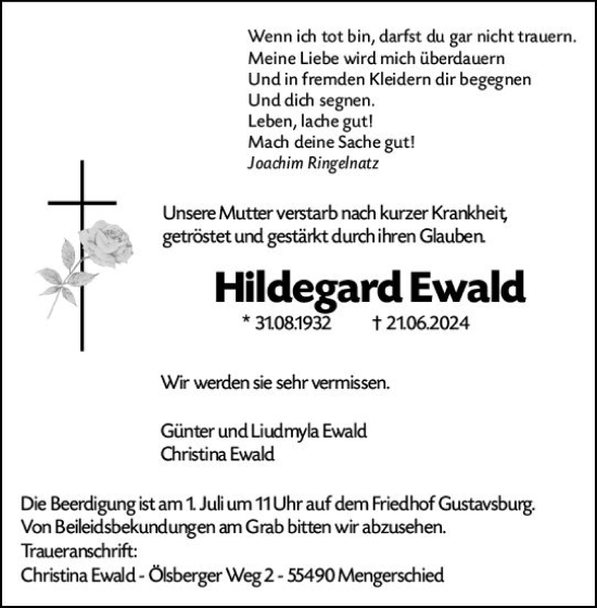 Traueranzeige von Hildegard Ewald von Allgemeine Zeitung Mainz