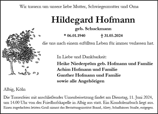 Traueranzeige von Hildegard Hofmann von Allgemeine Zeitung Alzey