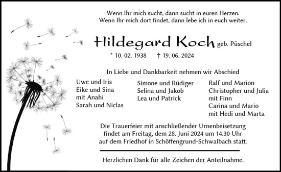 Traueranzeige von Hildegard Koch von Wetzlarer Neue Zeitung