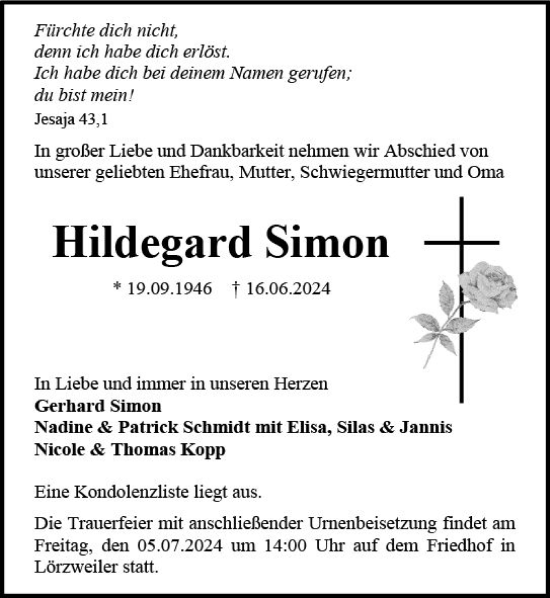 Traueranzeige von Hildegard Simon von Allgemeine Zeitung Mainz