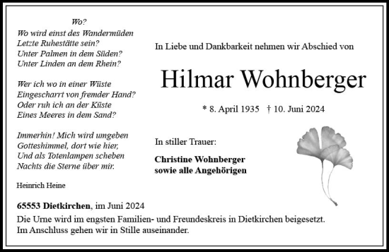 Traueranzeige von Hilmar Wohnberger von Nassauische Neue Presse