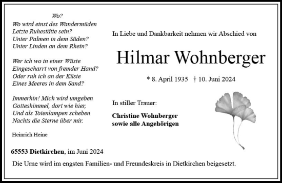 Traueranzeige von Hilmar Wohnberger von Nassauische Neue Presse