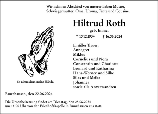 Traueranzeige von Hiltrud Roth von Hinterländer Anzeiger