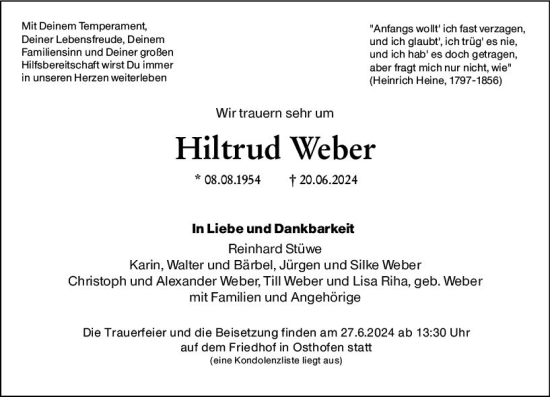 Traueranzeige von Hiltrud Weber von Wormser Zeitung