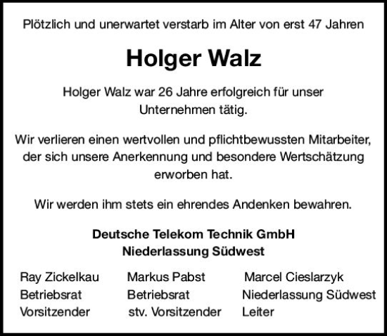 Traueranzeige von Holger Walz von Allgemeine Zeitung Bad Kreuznach