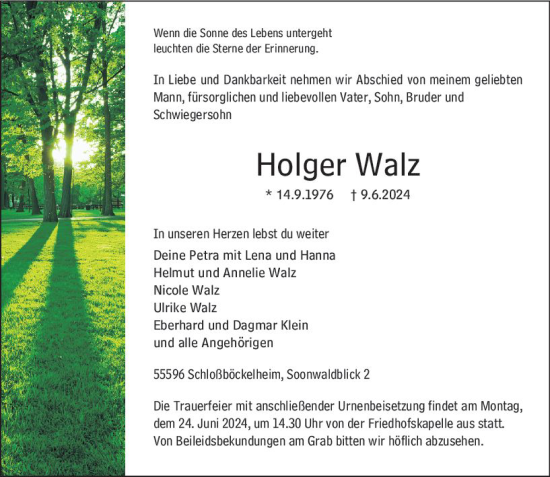 Traueranzeige von Holger Walz von Allgemeine Zeitung Bad Kreuznach