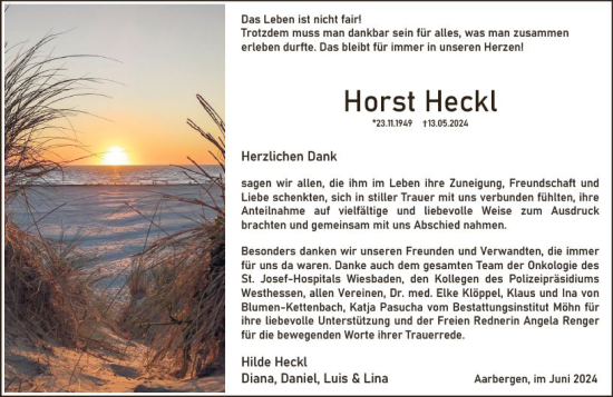Traueranzeige von Horst Heckl von Wiesbadener Kurier
