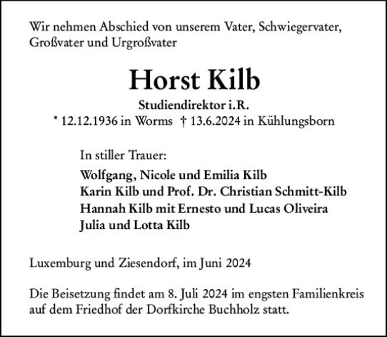 Traueranzeige von Horst Kilb von Dieburger Anzeiger/Groß-Zimmerner Lokal-Anzeiger