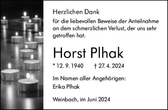 Traueranzeige von Horst Plhak von Weilburger Tageblatt