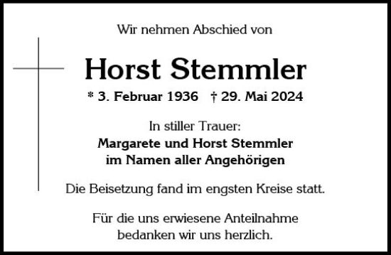 Traueranzeige von Horst Stemmler von Wiesbadener Kurier
