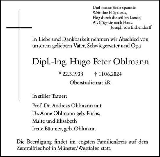 Traueranzeige von Hugo Peter Ohlmann von Weilburger Tageblatt