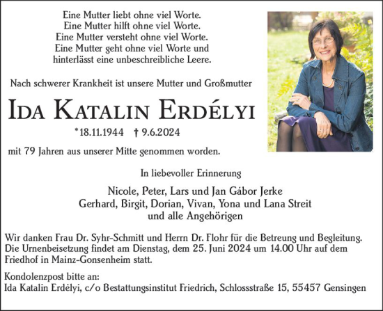 Traueranzeige von Ida Katalin Erdèlyi  von Allgemeine Zeitung Mainz
