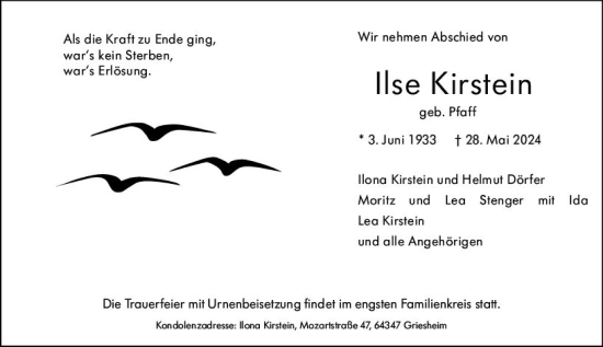 Traueranzeige von Ilse Kirstein von Wetzlarer Neue Zeitung