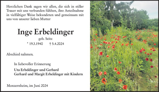 Traueranzeige von Inge Erbeldinger von Wormser Zeitung