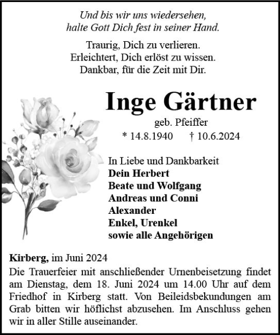 Traueranzeige von Inge Gärtner von Camberger Anzeiger