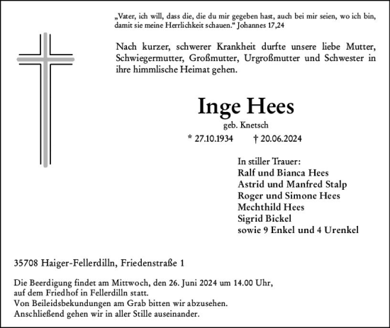 Traueranzeige von Inge Hees von Dill Block