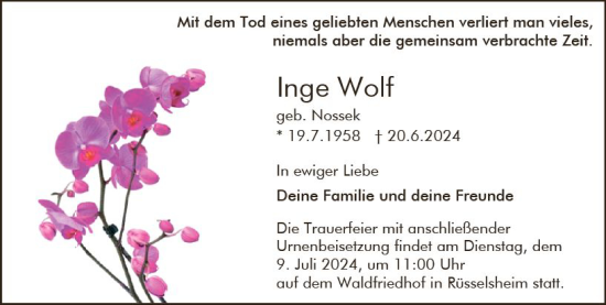 Traueranzeige von Inge Wolf von Rüsselsheimer Echo