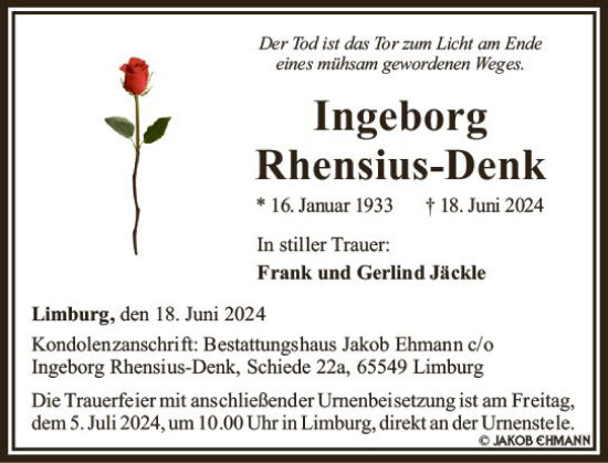 Traueranzeige von Ingeborg Rhensius-Denk von Nassauische Neue Presse