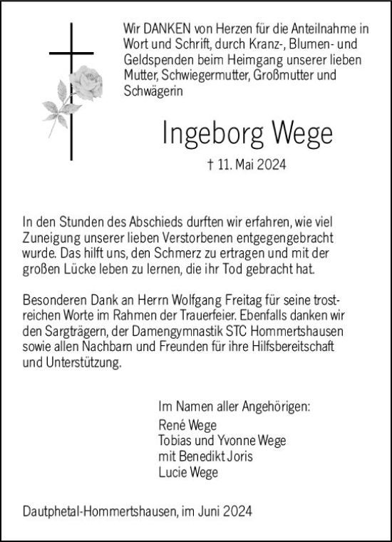 Traueranzeige von Ingeborg Wege von Hinterländer Anzeiger