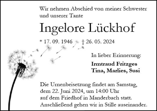Traueranzeige von Ingelore Lückhof von Dill Block