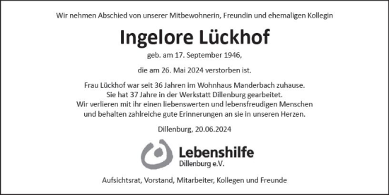Traueranzeige von Ingelore Lückhof von Dill Block