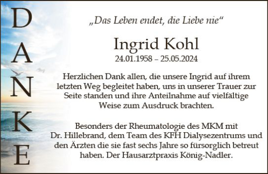 Traueranzeige von Ingrid Kohl von Allgemeine Zeitung Mainz