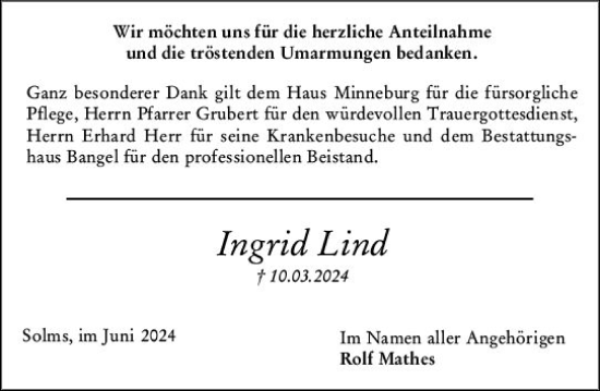 Traueranzeige von Ingrid Lind von Wetzlarer Neue Zeitung