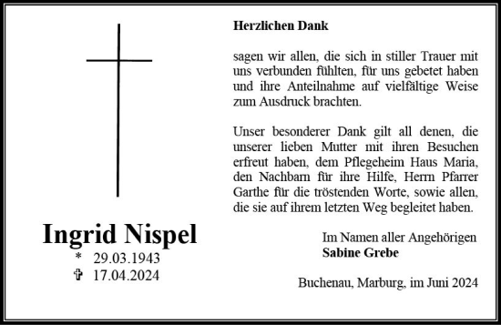 Traueranzeige von Ingrid Nispel von Hinterländer Anzeiger
