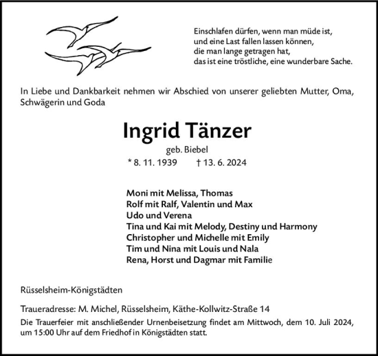 Traueranzeige von Ingrid Tänzer von Rüsselsheimer Echo