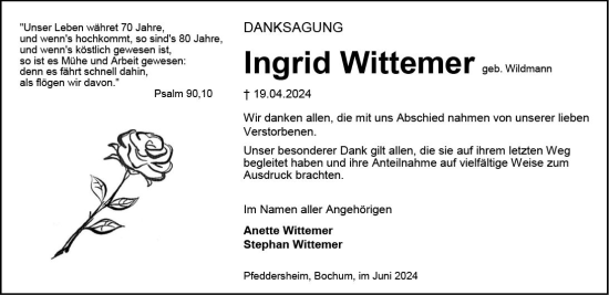 Traueranzeige von Ingrid Wittemer von Wormser Zeitung