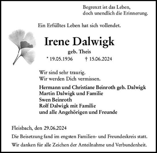 Traueranzeige von Irene Dalwigk von Dill Block
