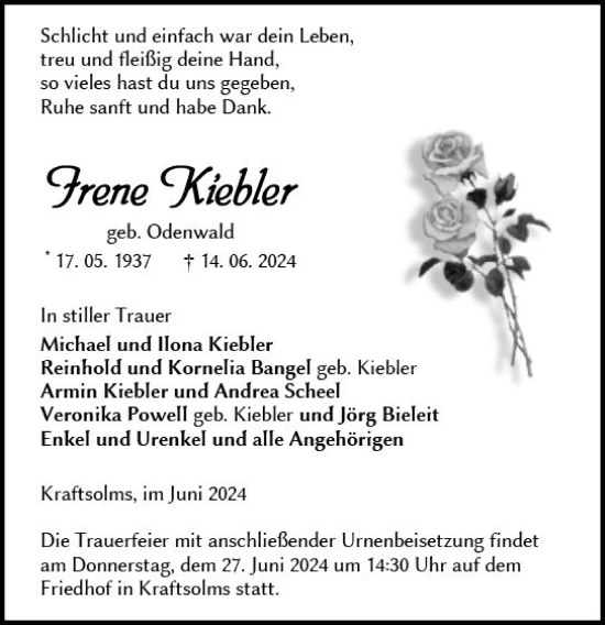 Traueranzeige von Irene Kiebler von Weilburger Tageblatt