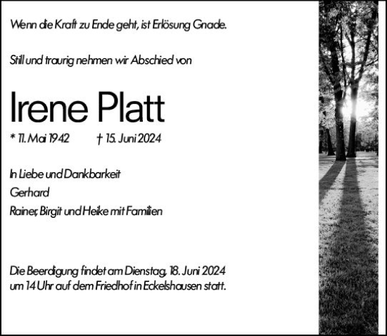 Traueranzeige von Irene Platt von Hinterländer Anzeiger
