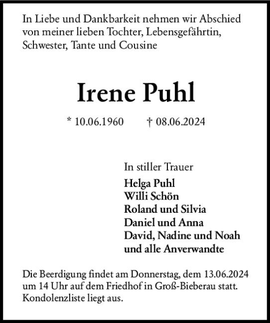 Traueranzeige von Irene Puhl von Darmstädter Echo